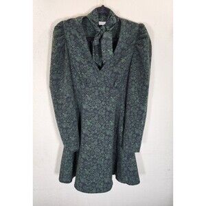 Topshop Dress US 6 UK 10 Green Floral Pussybow Tie Neck Puff Sleeve Mini Mod